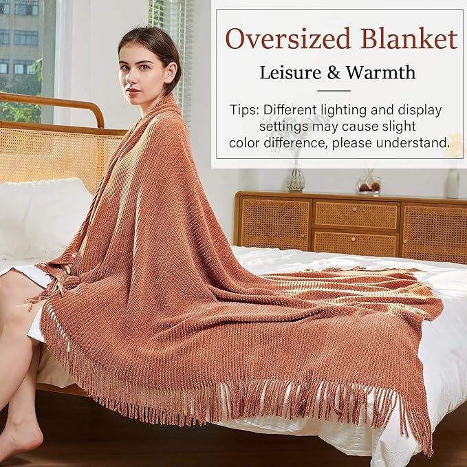 Blagic Knitted Throw Blanket for Couch Soft Farmhouse Boho Throw Blanket with Tassels Home Decorative Lightweight Throw Blankets,Maple Brown Throws for Bed/Chair/Sofa, Stripe Textured,60" W x 80" L