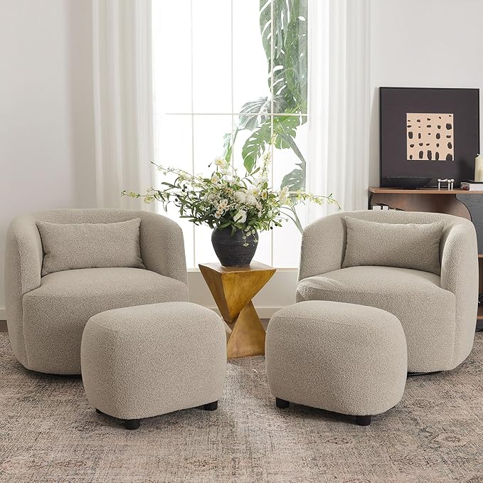KINWELL 34" Wide 2 Boucle Swivel Barrel Chairs and 2 Ottomans Set, Fully Assembled Sherpa Accent Chairs and Footrest Set, Modern Comfy Armchairs and Footstool for Living Room and Bedroom, Taupe