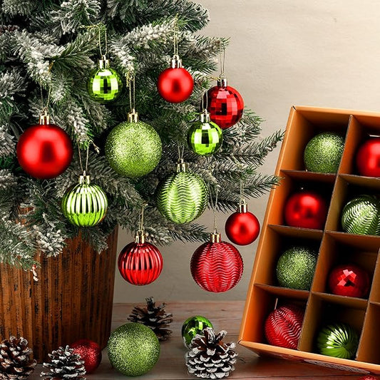 64 Pcs Christmas Ball Ornaments Lime Green Red Plastic Glitter Christmas Tree Decoration Assorted Size Hanging Xmas Ornament for Tree Home Indoor Decor, 1.6/1.97/2.4 Inch