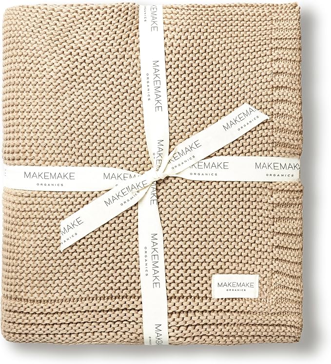 MakeMake Organics Organic Cotton Throw Blanket GOTS Certified Organic Knit Blanket Couch Bed Neutral Fall Colors Soft Cotton Throw Blanket Large (50x60, Sand)