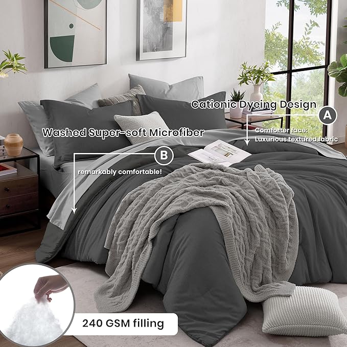 Monbix Queen Comforter Set - 7 Pieces Cationic Dyeing Dark Grey Bed in a Bag Queen Bedding Sets with Comforter, Sheets, Pillowcases & Shams, Reversible Bedding Comforters Sets