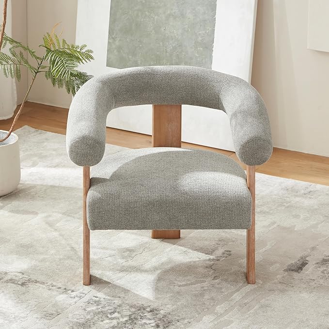 VKNOW Accent Chair Living Room Chair, Modern Upholstered Armchair with Solid Wood Legs, Comfy Barrel Arm Chairs for Living Room Bedroom, Light Grey