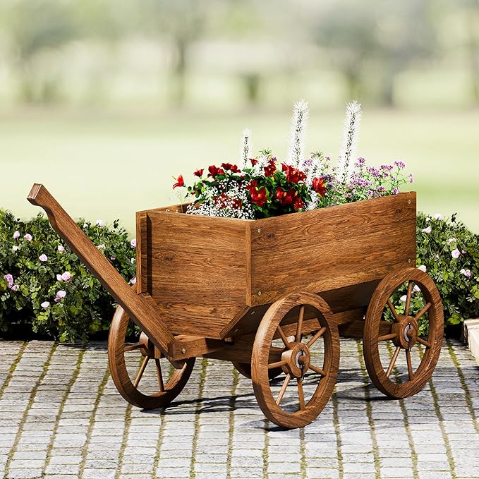 Wood Wagon Planter for Outdoor Balcony Decor - Garden Rustic Wooden Flower Cart with Wheels for Outside - Garden Decor - Amish Decorative Indoor - Wheelbarrow Planter for Patio