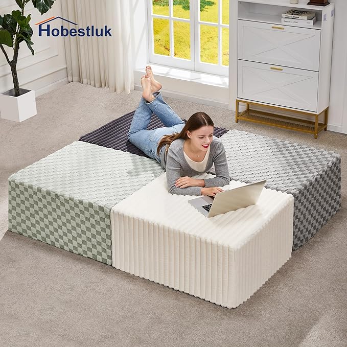 Hobestluk Rectangle Ottoman Memory Foam Footrest for Couch with Removable Cover Large Floor Seating for Adults Ottoman Coffee Table for Living Room, Bedroom or Office (Plush White, Footrest)