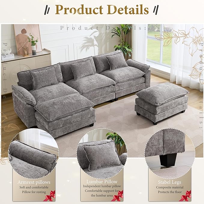 URRED Modular Sectional Sofa Comfy Cloud Couch, Modern Chenille Sofa Sleeper Deep Seat Couches with Ottoman/Pillows for Living Room (Gray, 117'' - U Shape)