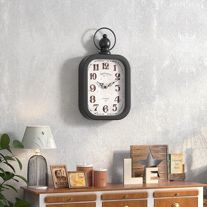 Menterry Small Retro Rectangle Wall Clock, Black Antique Vintage Style Decor Wall Clocks for Farmhouse,Bedroom,Kitchen,Bathroom (11" H x 6.1" W)