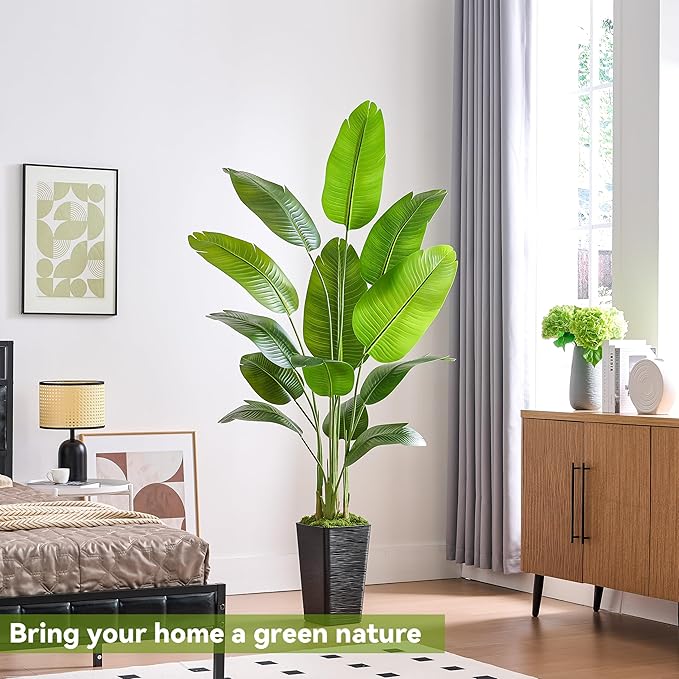 Lifelike Bird of Paradise Silk Artificial Plant Faux Banana Leaf Tree for Home Decor - Perfect Indoor Floor Plant with 11 Trunks (1, White Tall Planter, 6.6 FT)
