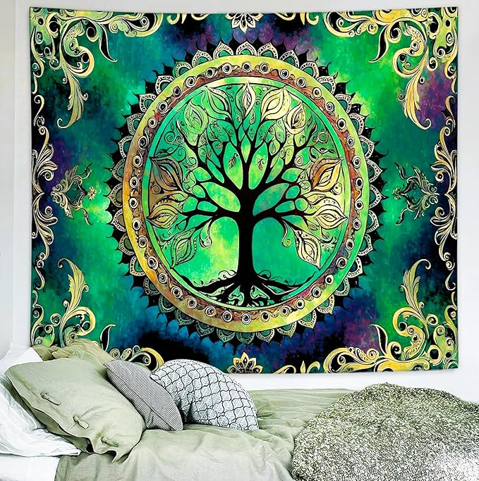 Delur Tree of Life Tapestry Green Nature Bohemian Mandala Spiritual Tapestry Wall Hanging Mystical Landscape Hippie Psychedelic Headboard for Bedroom Living Room Home Decor (51.2" x 59.1")