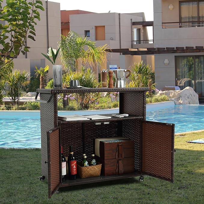 Wicker Outdoor Bar Cart - Brown Patio Console Storage Table Buffet Cabinet Serving Kitchen Cart with Wheels for Outside Backyard
