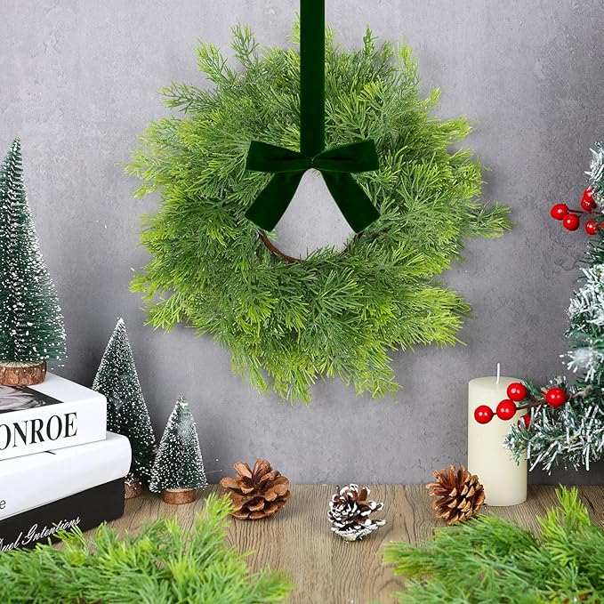 6 PCS Mini Christmas Wreaths for Kitchen Cabinets Artificial Green Norfolk Cedar Wreaths with Bow for Christmas Decorations Window Door Fireplace Chairs Wall Staircase Indoor Outdoor Home Decor