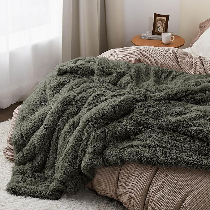 Bedsure GentleSoft Fluffy Olive Green King Size Blanket for Bed, Thick Soft Sherpa Faux Fur Fleece Bedding Fuzzy Plush Winter Warm Heavy Large King Blanket, Cozy Olive Gifts for Men Women, 108x90
