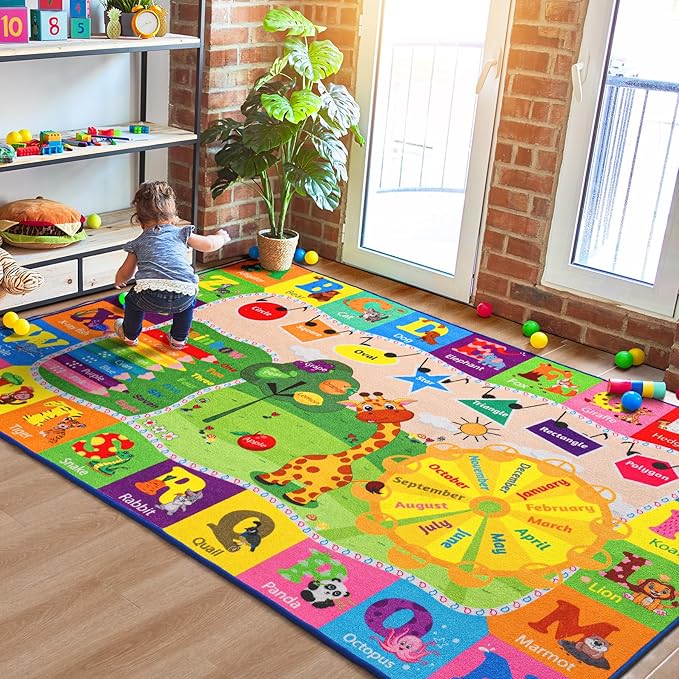 Kids Rugs for Playroom Classroom Bedroom, Educational and Fun Play Mat with ABC Alphabet Animals, Learning Rug for Children Toddler Baby Girls Boys Nursery, Washable, 4x6