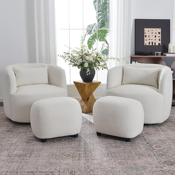 KINWELL 34" Wide 2 Boucle Swivel Barrel Chairs and 2 Ottomans Set, Fully Assembled Sherpa Accent Chairs and Footrest Set, Modern Comfy Armchairs and Footstool for Living Room and Bedroom, Beige