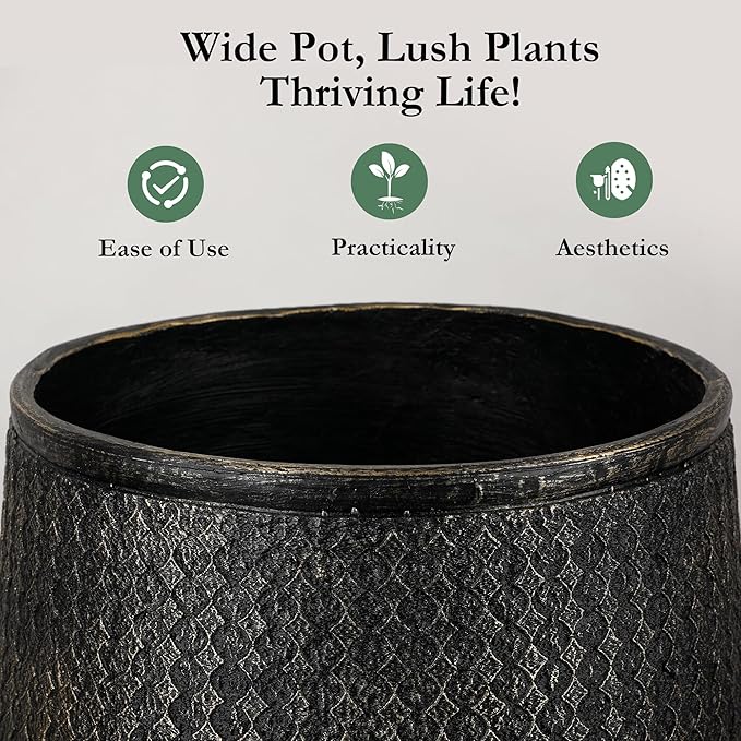 Worth Garden Large Round Planter – 14.5" Dia x 17.5" H Lightweight Magnesium Oxide Cement Plant Pot with Texture – Raised Pattern Concrete Look – Drainage Hole – Indoor & Outdoor Use - Black Gold