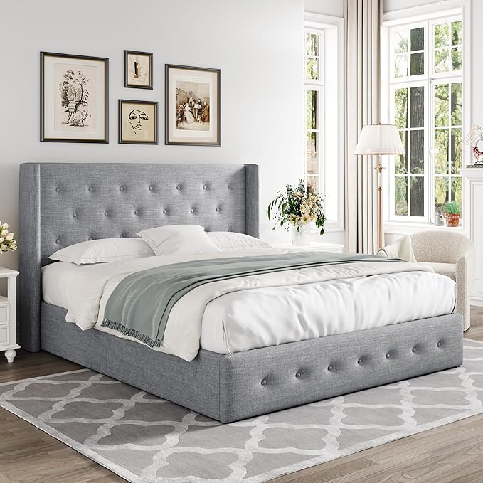 Allewie Queen Size Lift Up Storage Bed, Button Tufted Headboard with Wingback, Hydraulic Support, No Box Spring Needed, Light Grey