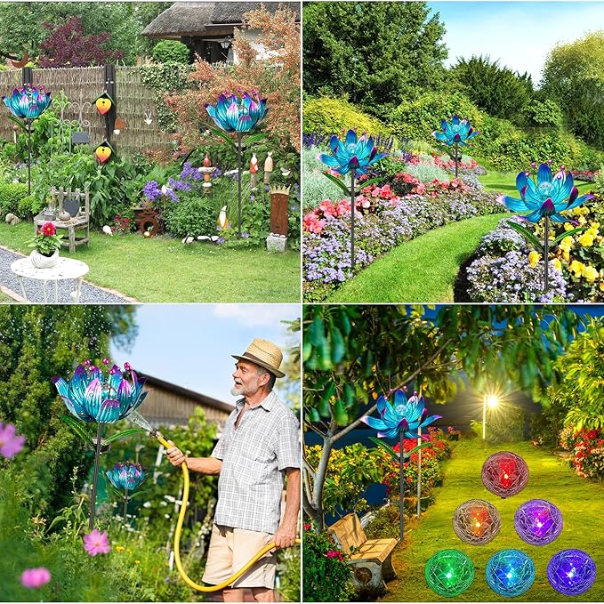 Solar Wind Spinner, 38 Inch Metal Stake Yard Spinners,Solar Powered Multi-Color LED Glass Ball with Kinetic Wind Sculpture Spinner Windmills for Yard (38IN-Purple)