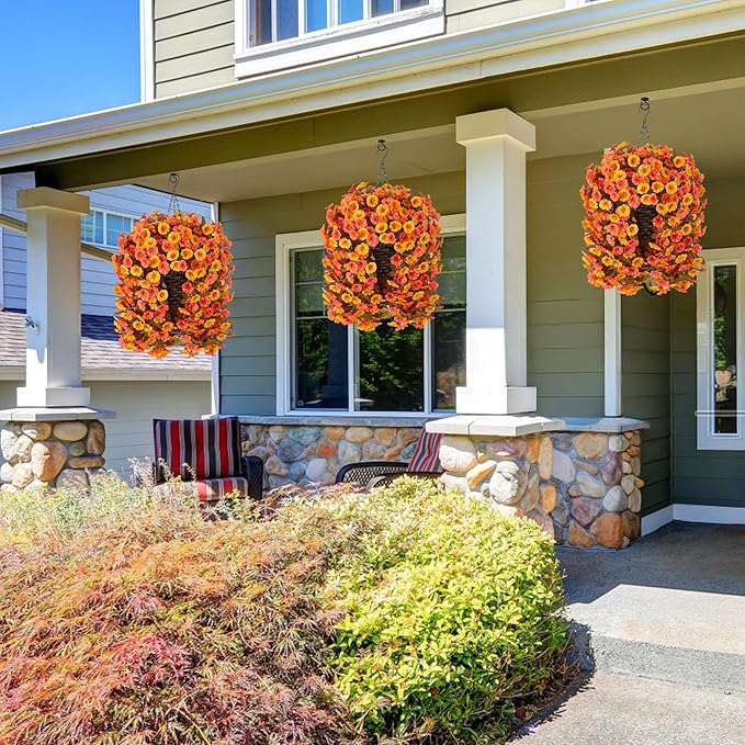 Artificial Fall Fake Hanging Flowers Plants Basket for Outdoor Autumn Decoration, Faux Silk Morning Glory Long Stems Vines Realistic UV Resistant for Outside Home Porch Garden (Fall Orange+Yellow)