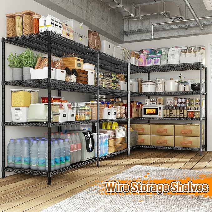 REIBII 81.5''W Storage Shelves 3680LBS Garage Shelving Heavy Duty 4 Tier Metal Shelving Unit Adjustable Wire Shelf and Storage Pantry Shelves for Kitchen Garage, 81.5Wx23.62Dx70.86H，Black, 2PCS