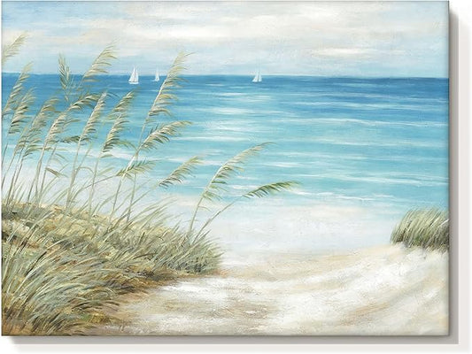 Beach Sea Canvas Wall Art: Seaside Coastal Reed Painting Blue Ocean Nautical Picture Modern Minimalist Seascape Grass Path Artwork Decor for Living Room Bedroom
