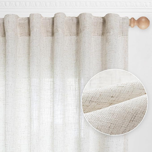MYSKY HOME Linen Curtains for Living Room, Natural Semi Sheer Curtains & Drapes Light Filtering Farmhouse Country Boho Style Back Tab Draperies for Sliding Glass Door (Customsize, Linen)