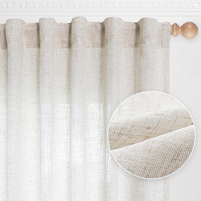 MYSKY HOME Country Curtains for Sliding Glass Door, Back Tab Semi Sheer Curtain Panels Extra Long Floor Length Drapes Linen Texture Soft Touch, 50x108 Inch, Linen, Set of 2
