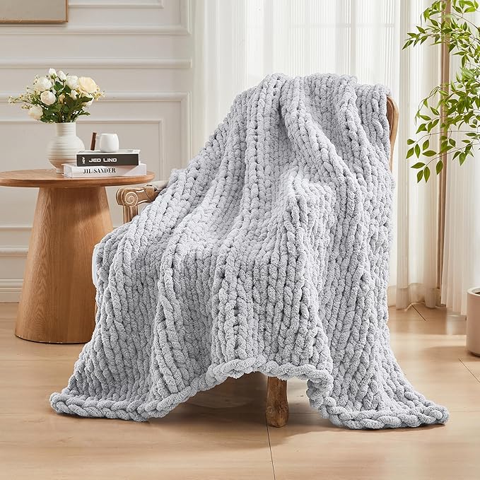 Carriediosa Chunky Knit Throw Blanket 50" X 60", 100% Hand Made Large Chenille Loop Yarn Soft Fluffy Throws for Couch Sofa Bed, Big Crochet Cozy Heavy Thick Cable Woven Blanket, Grey