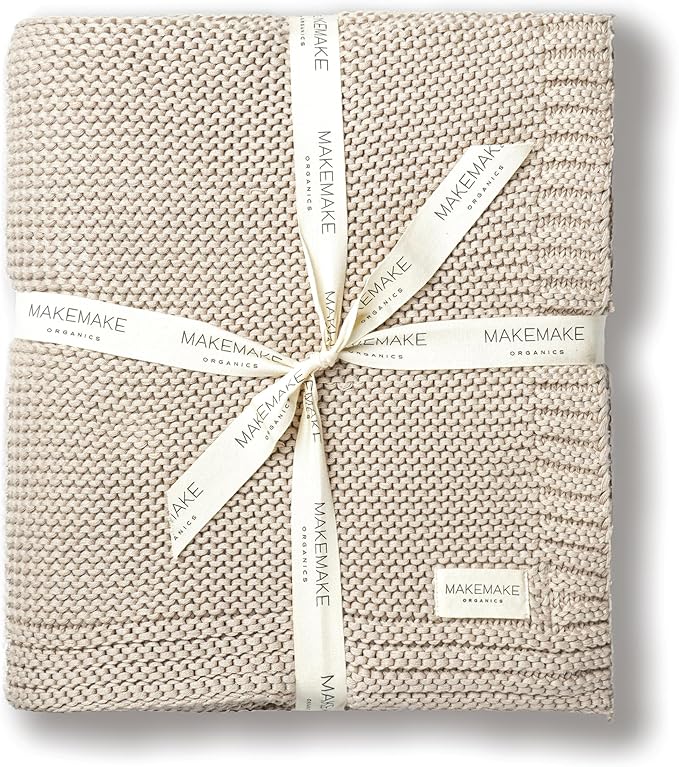 MakeMake Organics Organic Cotton Throw Blanket GOTS Certified Organic Knit Blanket Couch Bed Neutral Fall Colors Soft Cotton Throw Blanket Large (50x60, Beige)