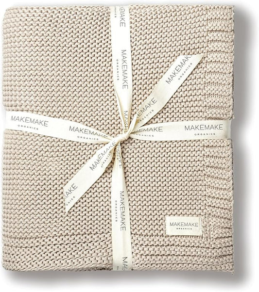 MakeMake Organics Organic Cotton Throw Blanket GOTS Certified Organic Knit Blanket Couch Bed Neutral Fall Colors Soft Cotton Throw Blanket Large (50x60, Beige)