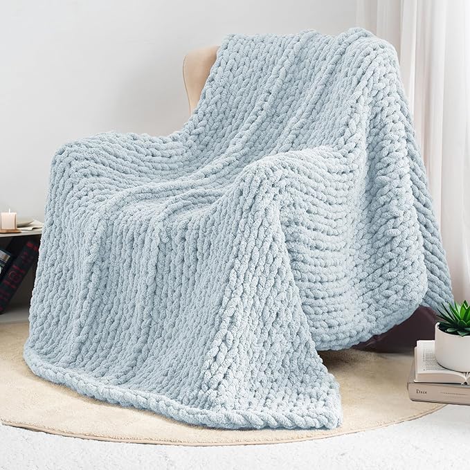 Chunky Knit Throw Blanket 50"X 60", 100% Handmade with Soft Chenille Yarn, 4.4lbs Thick Cable Knitted Blankets, Large Rope Knot Crochet Throws for Couch Sofa Bed Home Decor, Baby Blue