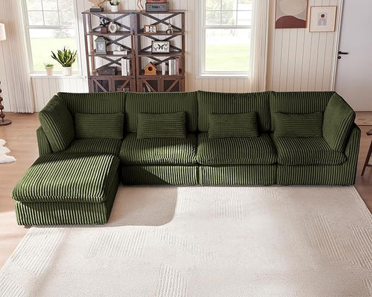 Oversized Modular Sofa, Extra Deep Cloud Corduroy Sectional Couch with Ottoman Chaise, Fluffy Corduroy 5 Seater Sofa Bed for Living Room, Villa (L Shape 5 Seater, Corduroy Green)