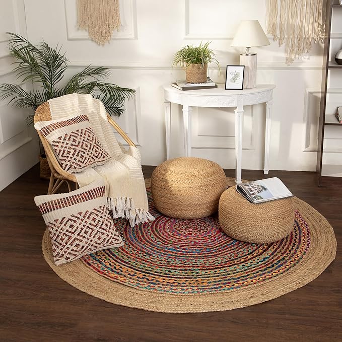 REDEARTH · Jute Circular Pouf Ottoman - Braided Pouffe Accent Sitting Round Footrest for Living Room, Bedroom, Nursery, kidsroom, Patio, Gym; 100% Jute Set of 2 (19.5"x19.5"x14"; Jute Natural)