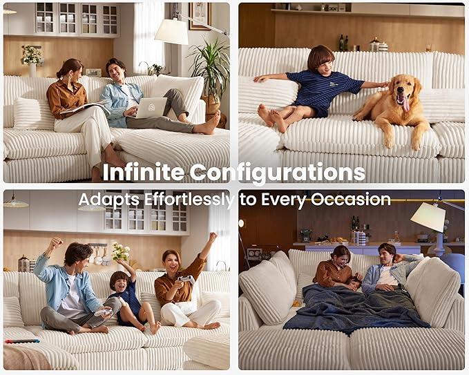 Oversized Modular Sofa, Extra Deep Cloud Corduroy Sectional Couch with Ottoman Chaise, Fluffy Corduroy 2 Seater Sofa Bed for Living Room, Villa (Loveseat Sofa, Corduroy White)