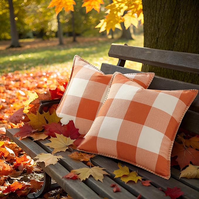 decorUhome Fall Orange and White Decorative Throw Pillow Covers 24x24 Set of 2, Buffalo Plaid Check Farmhouse Cushion Covers with Stitched Edge for Autumn Harvest Couch Sofa Bed Home Decor