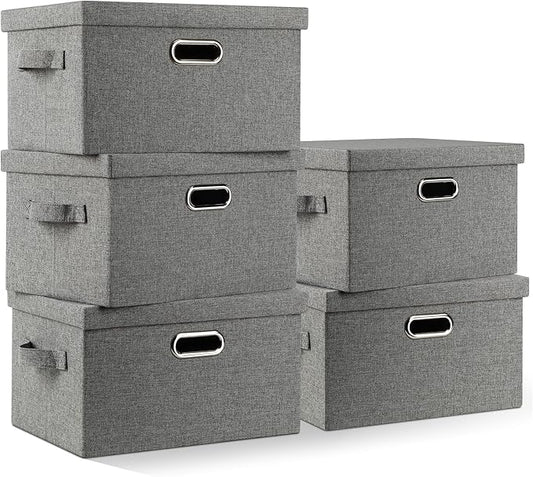 Medium 15" 21 Quart Collapsible Stackable Storage Bins with Lids, 5 Packs Grey Foldable Fabric Closet Boxes Heavy-duty Linen Cube Baskets Container for Bedroom Office (15 x 11 x 8)