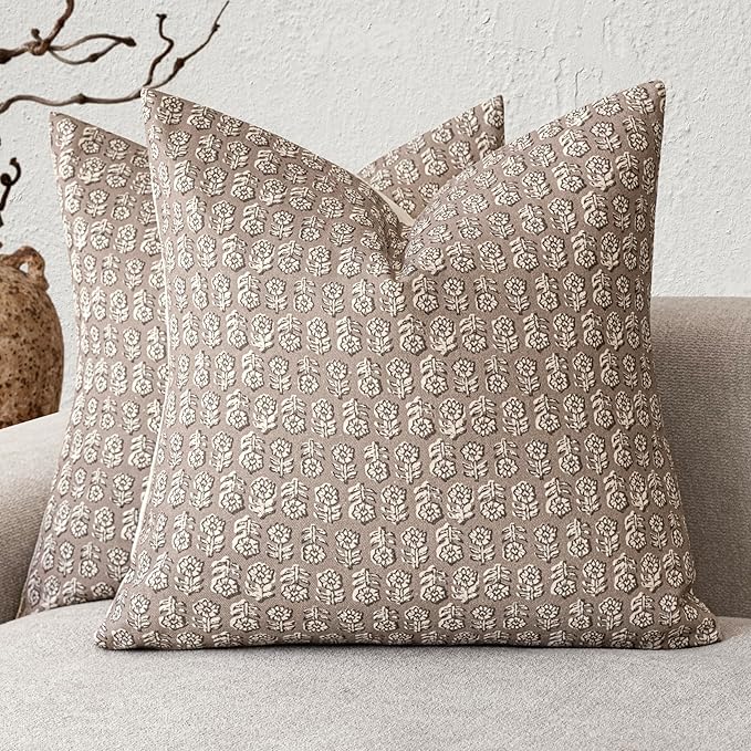 Foindtower Set of 2 Decorative Vintage Floral Print Throw Pillow Covers Neutral Modern Farmhouse Cushion Covers Boho Home Decor for Sofa Couch Chair Bedroom Living Room,24×24 Inch,Tan Taupe