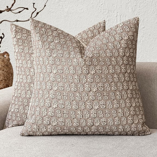 Foindtower Set of 2 Decorative Vintage Floral Print Throw Pillow Covers Neutral Modern Farmhouse Cushion Covers Boho Home Decor for Sofa Couch Chair Bedroom Living Room,24×24 Inch,Tan Taupe