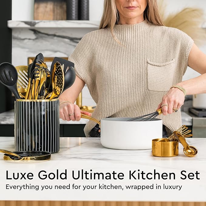 Black and Gold Kitchen Utensils Set - 19-PC Set Includes Stainless Steel and Silicone Cooking Utensils, Measuring Cups and Spoons - Black and Gold Kitchen Accessories for Stylish Cooking & Serving