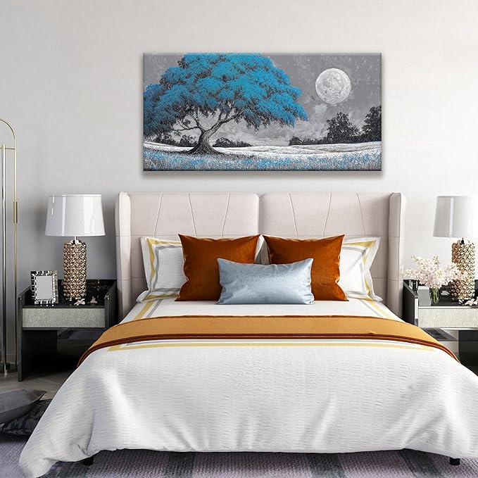 TAIJXAGSG Wall Art For Living Room Blue Tree Moon Canvas Art Wall Decor Artwork Print Painting 20" X 40" Canvas Picture For Bedroom Decor Modern Salon Kitchen Office Hang A Picture