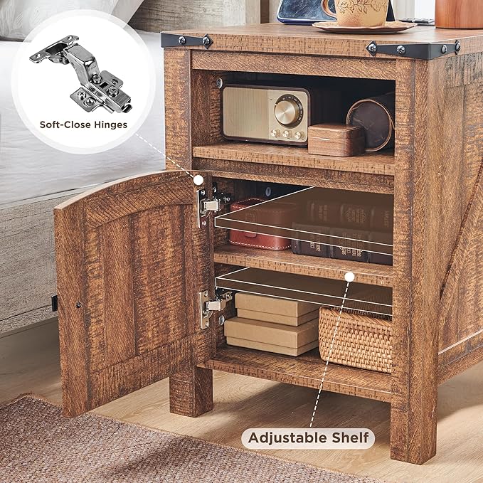 OKD Farmhouse Nightstand with Charging Station, 18" Rustic End Table with Adjustable Storage Shelf, Wood Rustic Wood Sofa Side Table for Bedroom