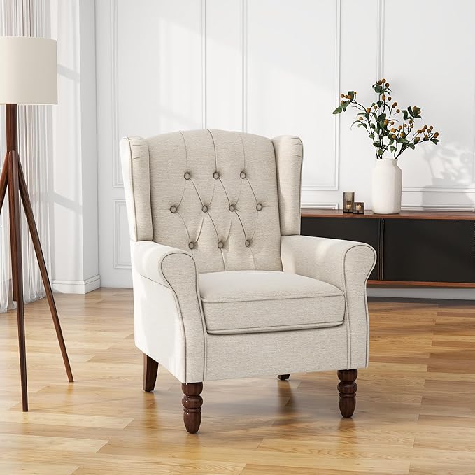 UIXE High Back Accent Chair, Upholstered Armchair in Fabric for Living Room, Retro Wingback Arm Chair Comfy Single Sofa Bedroom Reading Seat with Solid Wood Legs - Beige