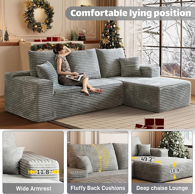 HYJT-H&K Modular Sectional Sofa Cloud Secttional Couch, 107" Comfy L Shaped Couches for Living Room, Deep Seat Memory Foam Fluffy Plush Corduroy Boneless Couch Sectionals Right Facing Sofa Chaise Grey