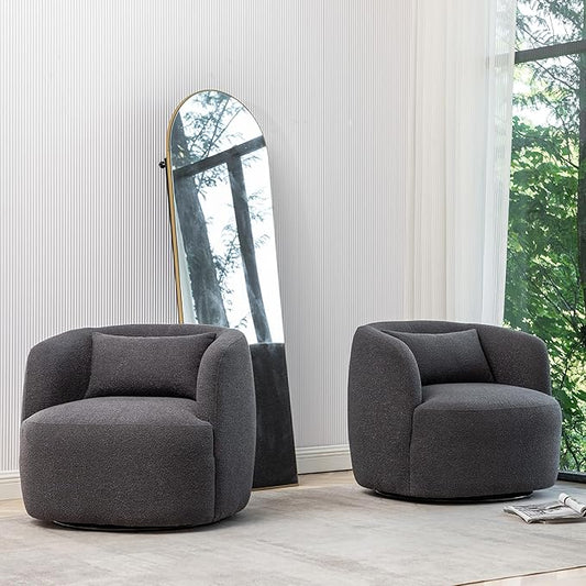 KINWELL 34" Wide Boucle Swivel Barrel Chairs Set of 2, No Assembly Round Upholstered Armchairs Accent Chairs Single Sofa Chair with Toss Pillow for Living Room and Bedroom, Dark Grey