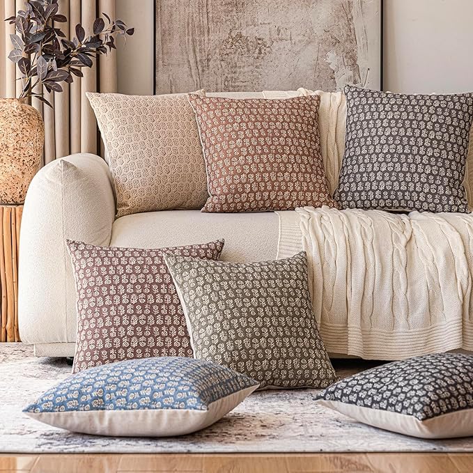 Foindtower Set of 2 Decorative Vintage Floral Print Throw Pillow Covers Neutral Farmhouse Cushion Covers Boho Home Decor for Sofa Couch Chair Bedroom Living Room,20×20 Inch,Light Orange Brown