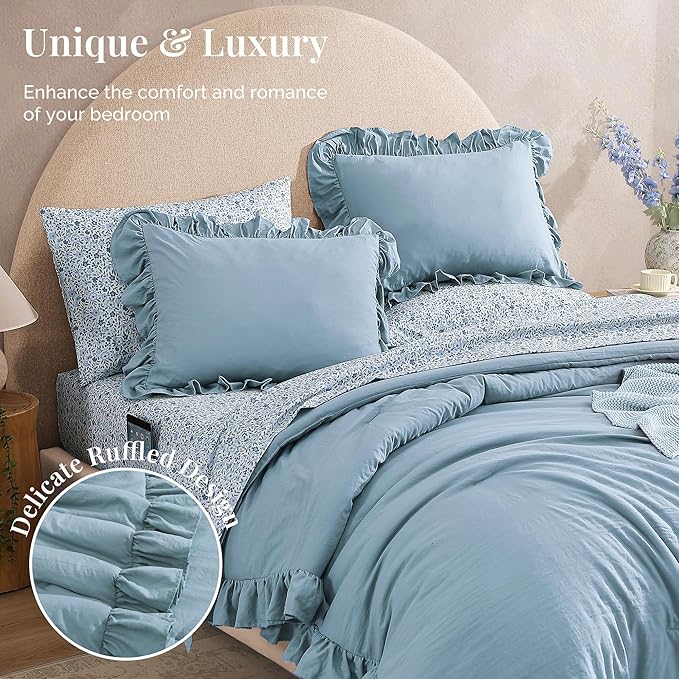 Queen Comforter Set - 7 Pieces Ruffle Blue Bedding Sets, Shabby Chic Farmhouse Bed in a Bag Queen with Ruffle Comforter, Floral Sheets, Pillowcases & Shams