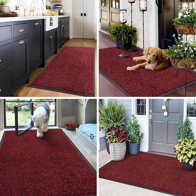 Mibao Front Door Mat, Dirt Trapper Welcome Mat for Outdoor Indoor, Non-Slip Waterproof Doormat, Durable Machine Washable Low Profile Entry Rug for Back Door Outside Patio Porch, 60" x 36", Red