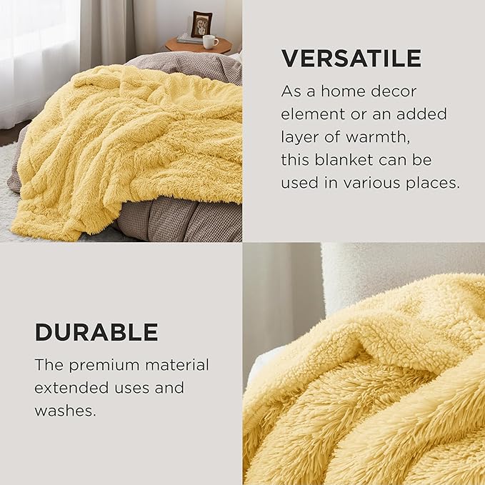 Bedsure GentleSoft Fluffy Yellow Blankets Queen Size for Bed, Thick Sherpa Faux Fur Fleece Fuzzy Plush Winter Warm Heavy Soft Full Queen Blankets, Bedroom Decor Yellow Cozy Gifts for Women Men, 90x90
