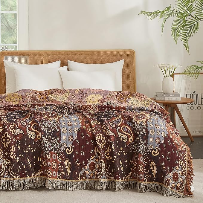 Boho Throw Blanket for Couch Sofa Bed, 100% Cotton Woven Quilt with Tassel 80”x90”, Super Soft Muslin Blanket with Patchwork Printed, Decorative Reversible Bed Blanket/Cover for All Seasons