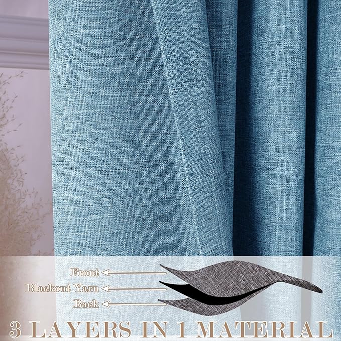 100" W x 84" L Faux Linen Room Divider Curtains, Full Blackout Pinch Pleated Drapes for Traverse Rod, Bedroom Divider Privacy Drapery with Hooks for Ceiling Track, 1 Panel, Blue