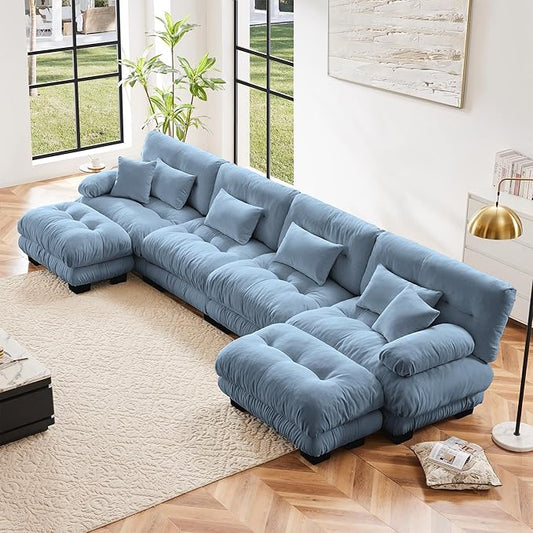 Modular Sectional Sofa, Comfy Cloud Couch 4 Seater Couch with Ottoman, Sectional Couches for Living Room, Modern Chenille U Shaped Couches, Sleeper Deep Seat Sofa with Throw Pillows, Blue
