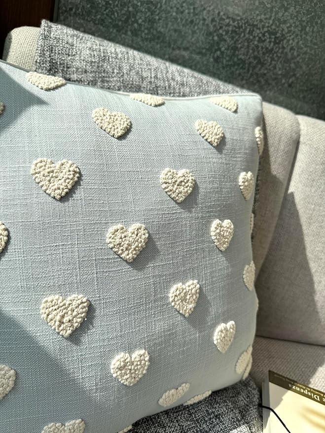 VAGMINE Hand Embroidered French Knotted Hearts Pillow Cover - 18x18 Inches Square - 100% Cotton Robins Egg Decorative Cushion Cover - Romantic Gift for Couples - Valentine’s Bedroom Decor